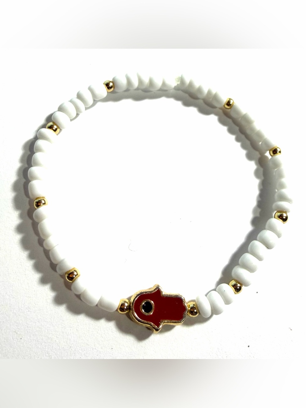 2 of Gold Metal Hamsa Evil Eye Good Luck Charm White Seed Beaded Bracelets